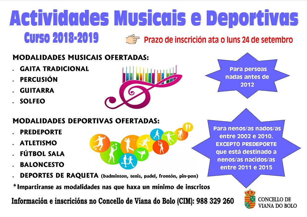 Actividades Musicais e Deportivas: Apertura prazo de matrcula para o curso 2018-2019
